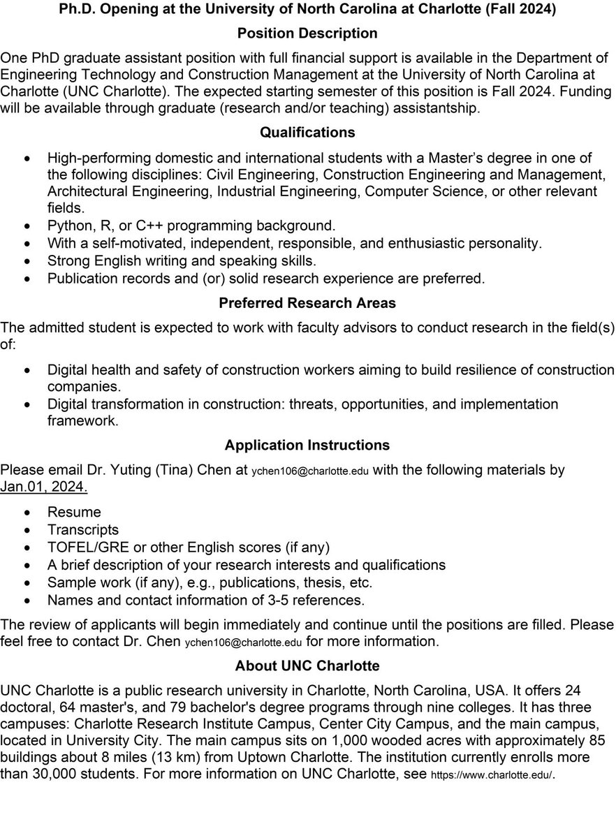 "I am looking for a PhD student starting in Fall 2024. See information below. Please help share the post with students who are interested. Application deadline: Jan. 01, 2024."-Prof. Yuting (Tina) Chen.

hashtag#constructionindustry hashtag#researchopportunity hashtag#phdposition