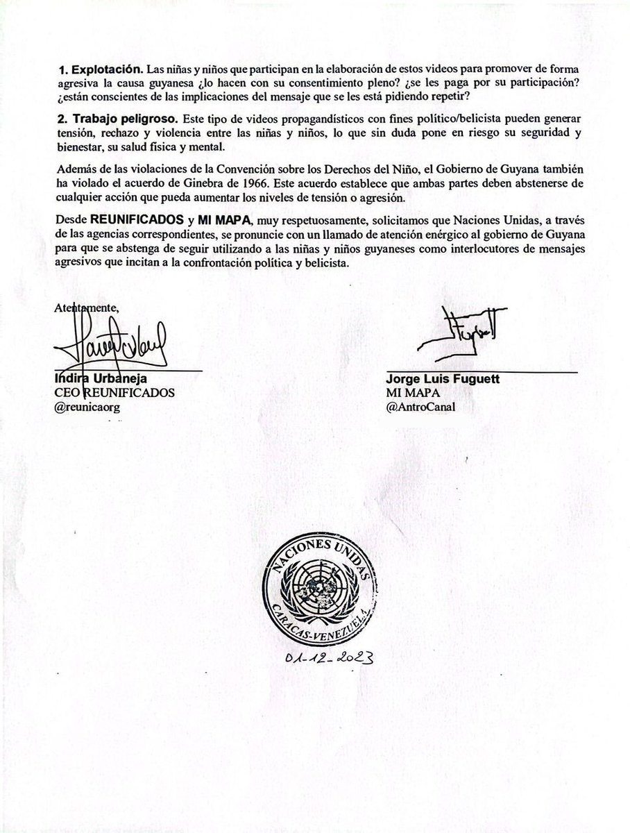 ReunificaORG's tweet photo. #01DIC Desde nuestra organización acudimos junto con @antrocanal ante la Oficina de Naciones Unidas #ONU, para denunciar el uso de niñas y niños en videos propagandísticos de tipo político/belicista, por parte del Gobierno de la República Cooperativa de Guyana.⬇️ https://t.co/h4aASEK53Q