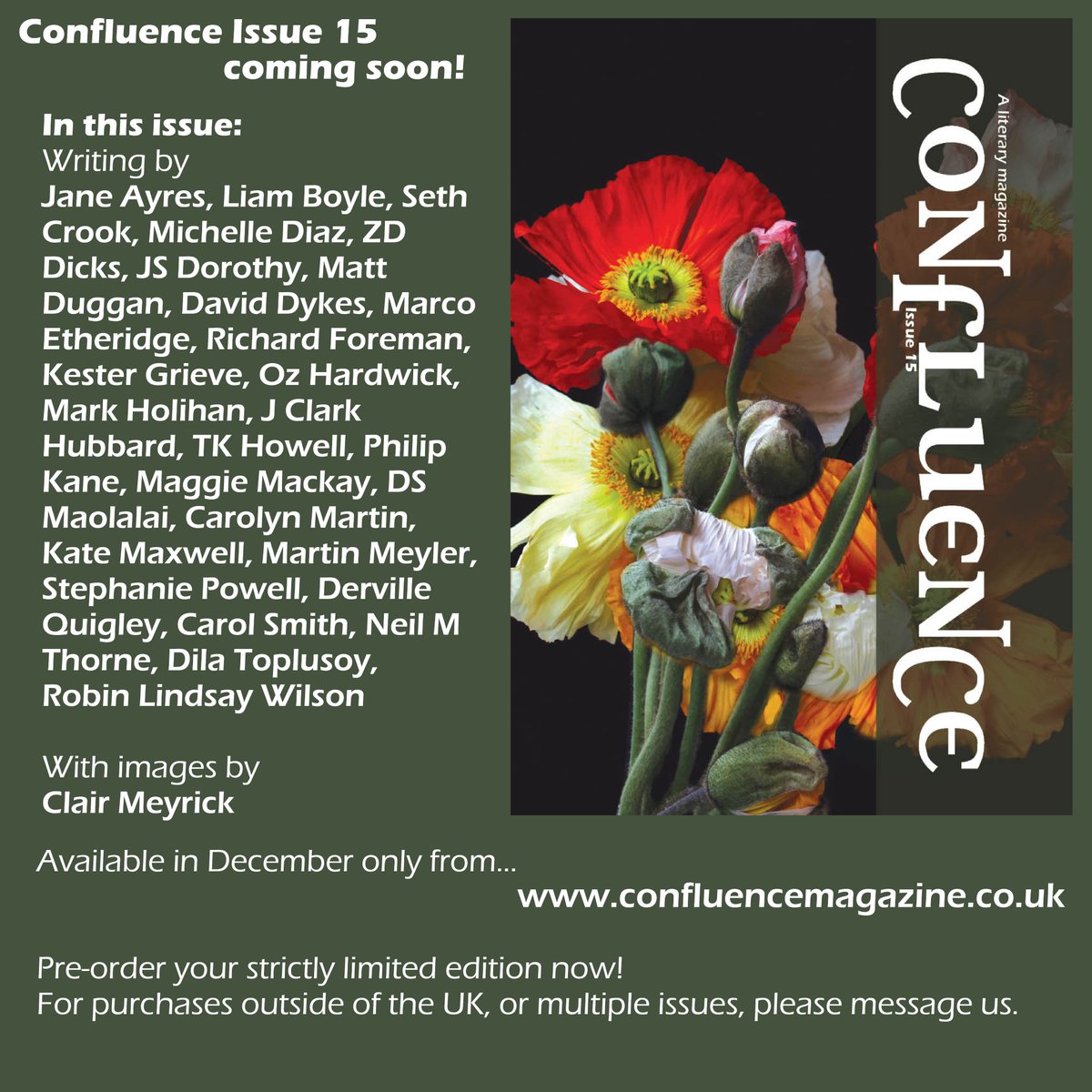 Confluence Issue 15 should be out around 15 Dec. Look at all these fab writers and our amazing artist for this issue @houseworkaverse If you are in the UK get it here --&gt; confluencemagazine.co.uk/confluence-iss…