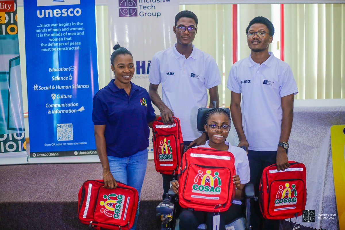 inclusivetechg's tweet photo. Kofi Annan ICT Center:
We want to express our gratitude to @COSAG9  Ghana for their kind gesture in providing branded bags to all our winners, adding a special touch to our event.
#Dihack2023 https://t.co/qc4N3jKIKh