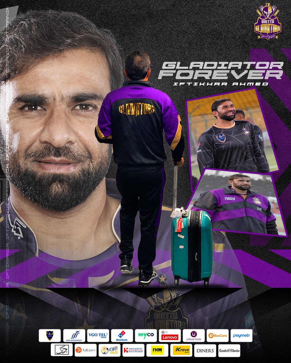 TeamQuetta's tweet photo. 🤝 THANK YOU IFTIMANIA 🤝

The Gladiators family bid farewell to the @IftiMania show as his wonderful years of entertainment comes to an end for us! 
The prolific middle-order batsman move to  Multan Sultans for the Pakistan Super League Season 9️⃣

We all wish him best of luck !! 
IftiMania, you’ll always be #GladiatorForever  💜🫂 

#PurpleForce