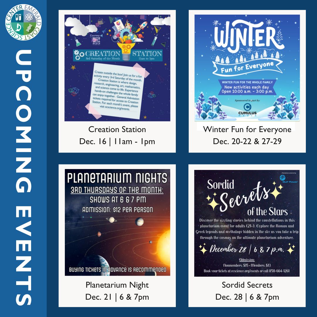 ECScienceCenter's tweet image. We have a variety of upcoming events this month!
🎨 Creation Station | Dec. 16
❄️ Winter Fun for Everyone | Dec. 20-22 &amp;amp; 27-29
🪐 Planetarium Night | Dec. 21
✨ Sordid Secrets | Dec. 28
Learn more about each event at buff.ly/3HeIq5T
