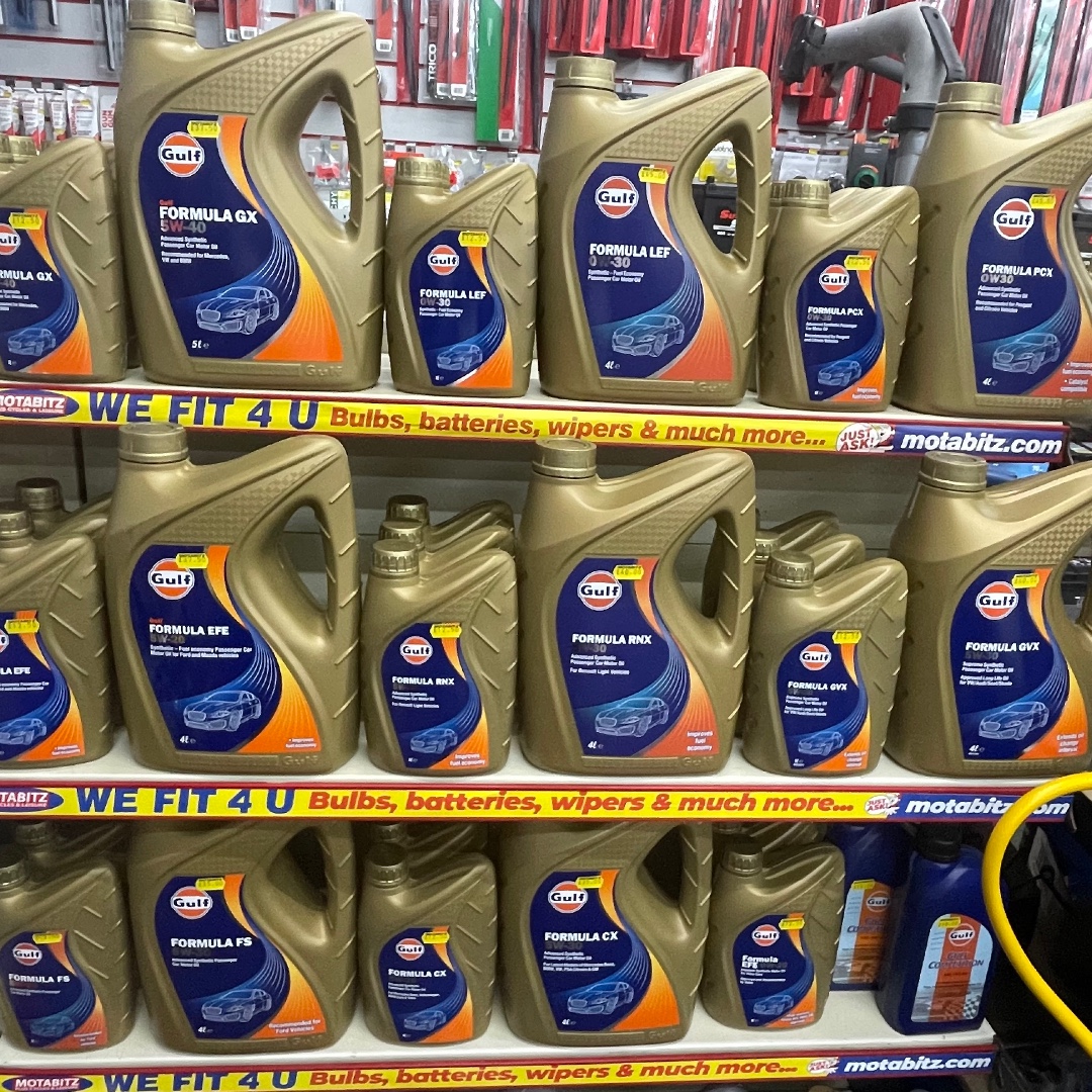 How great does our Passenger Car range look on the shelves of all the Motabitz Accessories, Cycles &amp; Leisure stores?
Avaliable in Ferndown, Winton &amp; Salisbury!!

If you’re in the area, you can now purchase Gulf in 1 or 4 litre pack sizes.

Be sure to give them a try!