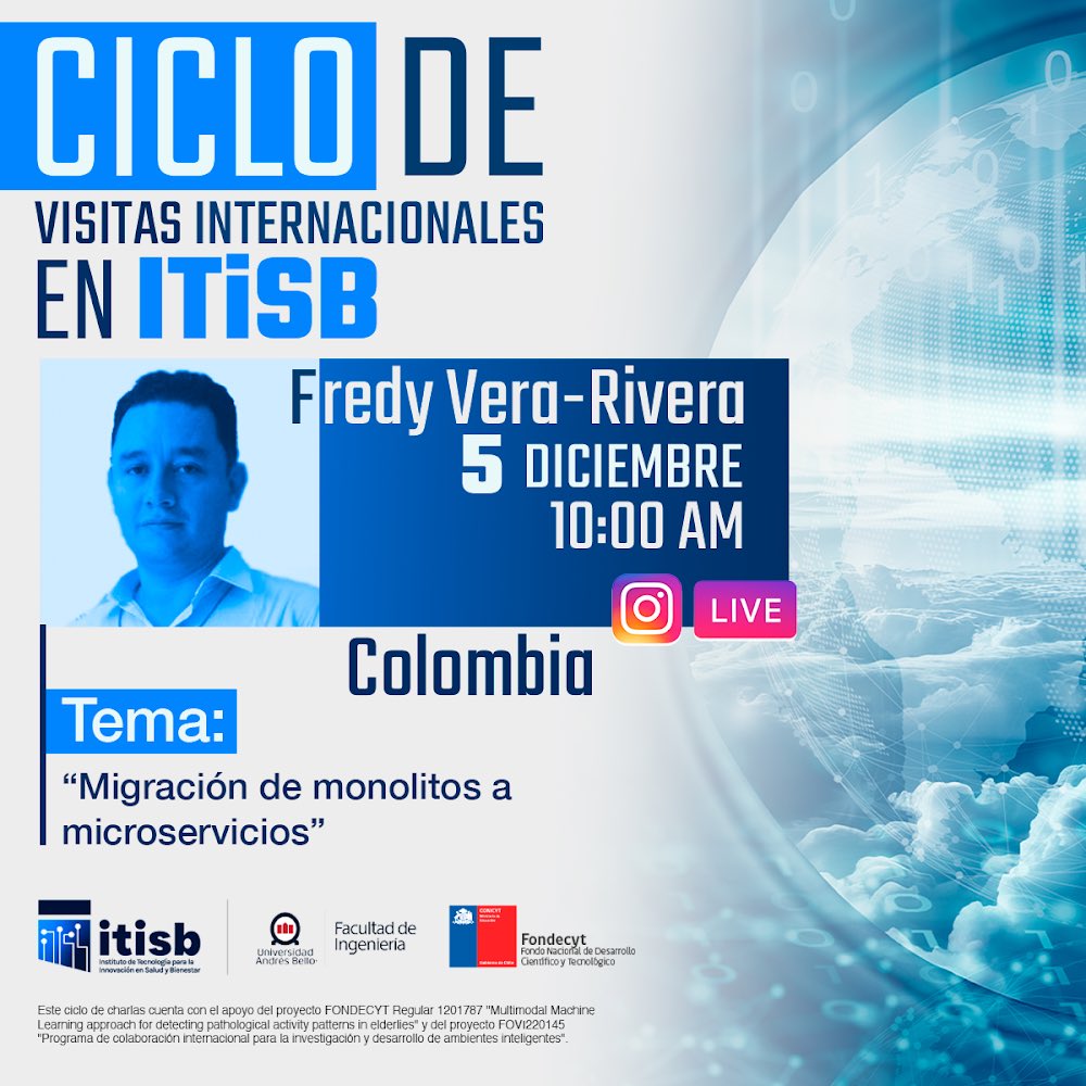 🔹 ¡Cerramos el ciclo de visitas internacionales ITiSB! 🔹

Acompáñanos en la charla final del doctor en Ingeniería e Informática, Fredy Vera-Rivera (Colombia).
🗓️ Fecha: 5 DIC
🕙 Hora: 10:00hrs

Te esperamos en la transmisión en vivo en @instituto.itisb👉bit.ly/47Odgyf