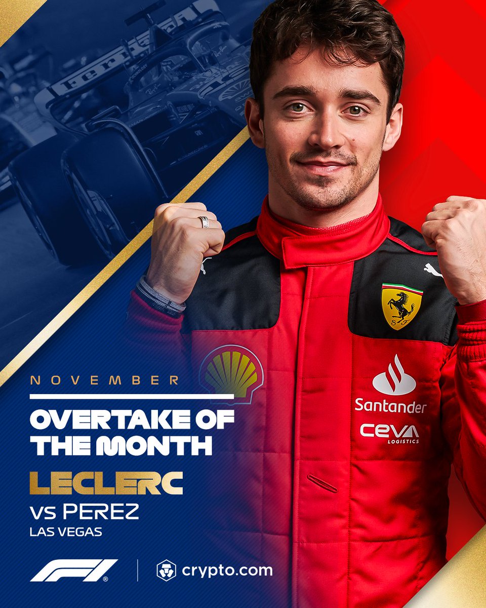 Our winner of the @cryptocom Overtake of the Month Award for November is…  Charles Leclerc! ✨ That last-lap move on the streets of Las Vegas secures  it 👏 #F1 @Charles_Leclerc @ScuderiaFerrari