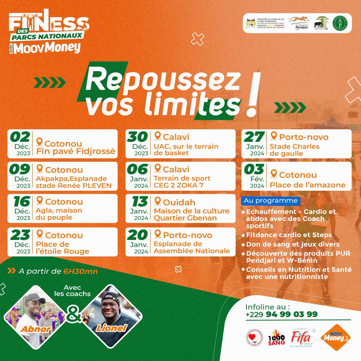 nuitdesparcs's tweet photo. SOYEZ DE LA PARTIE AVEC NOUS CE SAMEDI 02 DÉCEMBRE 2023   Sur COTONOU au FIN PAVÉ DE FIDJROSSÈ à partir de 6h30 pour repousser vous limites cardio-vasculaire 💪🏾….            
Top! C'est partit!   #Fitnessdesparcsnationaux #1000poursang #DonDeSang #FitnessPourLaVie https://t.co/qF1vn1Q7Sw