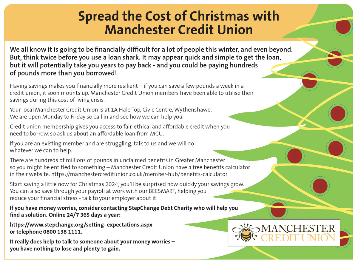 Southsidemag's tweet image. Spread the cost of Christmas with @CUManchester - a lot of people will be suffering with #financial #difficulty this year, but before you think about a #loanshark call in and speak to Manchester Credit Union in #Wythenshawe Civic Centre, more info in the leaflet.