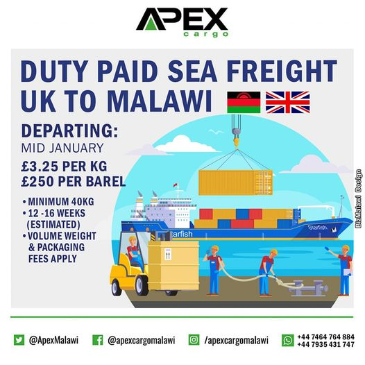 ApexMalawi's tweet photo. Smooth sailing from the UK to Malawi!
Duty paid sea freight departing mid-January 2024.
Secure your shipment with a minimum of 40kg. Volume weight and packaging fees apply.
Contact Us For More Info:
📷 0999 844 515 (MW)
📷 00447935431747 (UK)
#Shipping #UKtoMalawi #SeaFreight https://t.co/JThubWfP4y