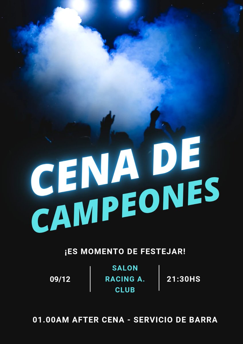 🚨IMPORTANTE

🏆Cena de Campeones🏆
🗓Sábado 9/12
📍Salón de Racing.
⏰️21.30hs
Tarjetas en Lolaberry (Sarmiento 587) 
$5500 mayores- $2500 menores de 12 años
🥳AFTER CENA 1AM - $1000 en puerta.