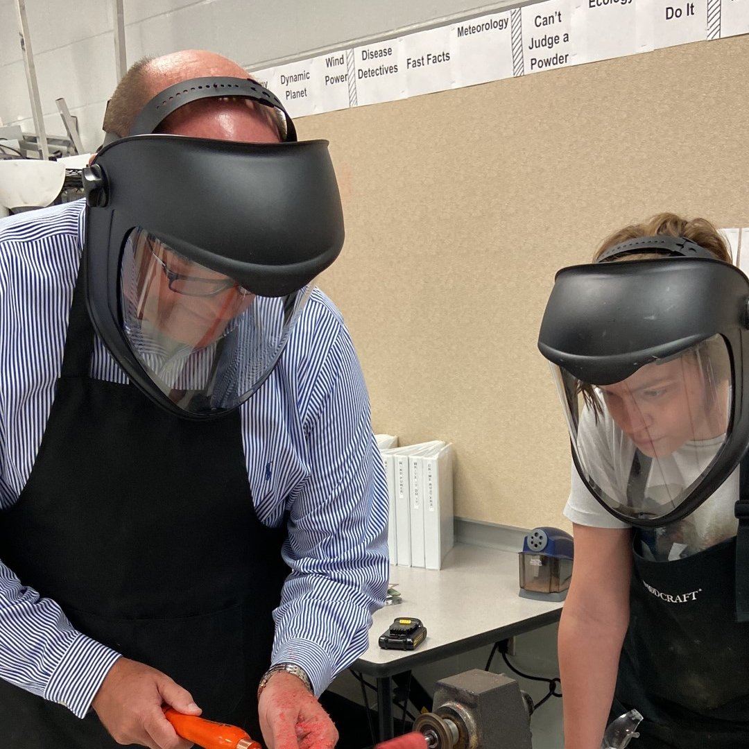 It isn't every day you get to see students teaching administrators but that's just what happened this week at NOMS. Ss taught Superintendent Jason Radford, Deputy Superintendent Sharla Six, &amp; Asst. Superintendent Brent Deaves the steps required to turn a block of wood into a pen.