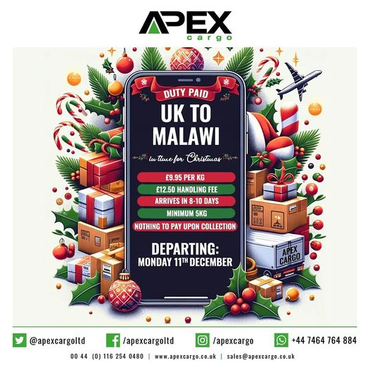 ApexMalawi's tweet photo. 📷 Make This Christmas Special with Apex Cargo 📷
Send on our Monday 11th December shipment to get your gifts from the UK to Malawi just in time for the festive season! 📷📷
Send love and joy across miles with Apex Cargo 📷📷 https://t.co/qoYS4kePcU
