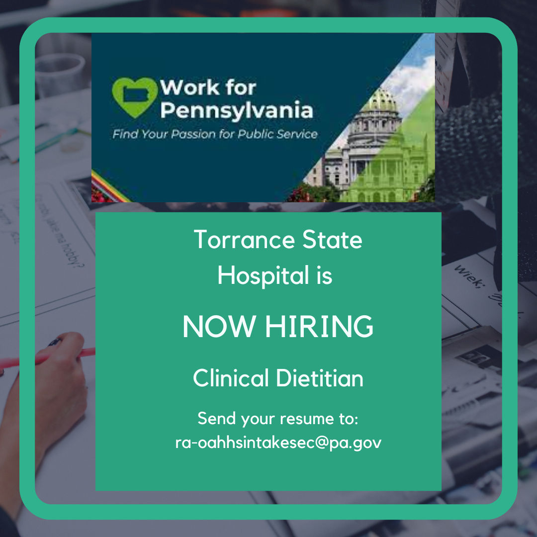 Find your passion for public service! Torrance State Hospital is now hiring a Clinical Dietitian. 

Interested applicants should submit their resume to  ra-oahhsintakesec@pa.gov

#IUPStartsCareers #WorkforPA #TorranceHospital #ClinicalDietitian #NowHiring