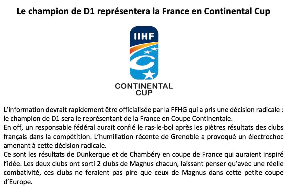 [SCOOP] Le champion de D1 représentera la France en Continental Cup
