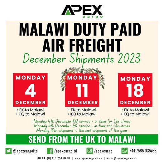 ApexMalawi's tweet photo. Jingle all the way to Malawi!
From the UK to Malawi, we've got your goods covered with Duity Paid Air Freight.
Contact Us For More Info:
📷 0999 844 515 (MW)
📷 00447935431747 (UK)
Don't miss the sleigh, ship with us today!
#FestiveShipping #Malawi #AirFreight #ApexCargo https://t.co/b8kk4hMHHe