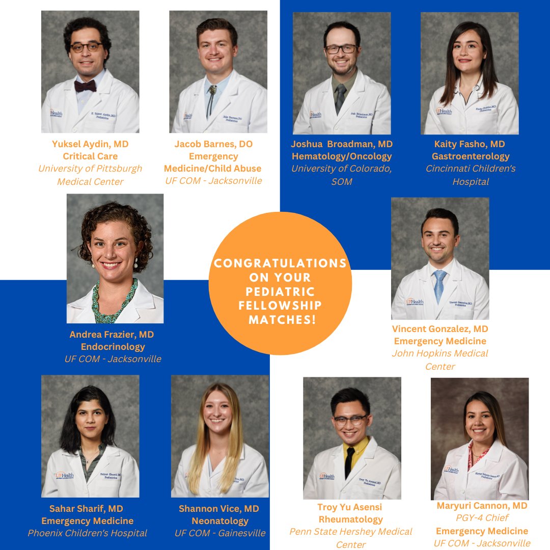It’s a match!! Congratulations to all of our brilliant residents on their amazing matches! We are so proud and excited to see what the future holds for these fabulous soon-to-be fellows. 🤩

#fellowshipmatch2023 #pedsresidency #ufjaxpedsresidency