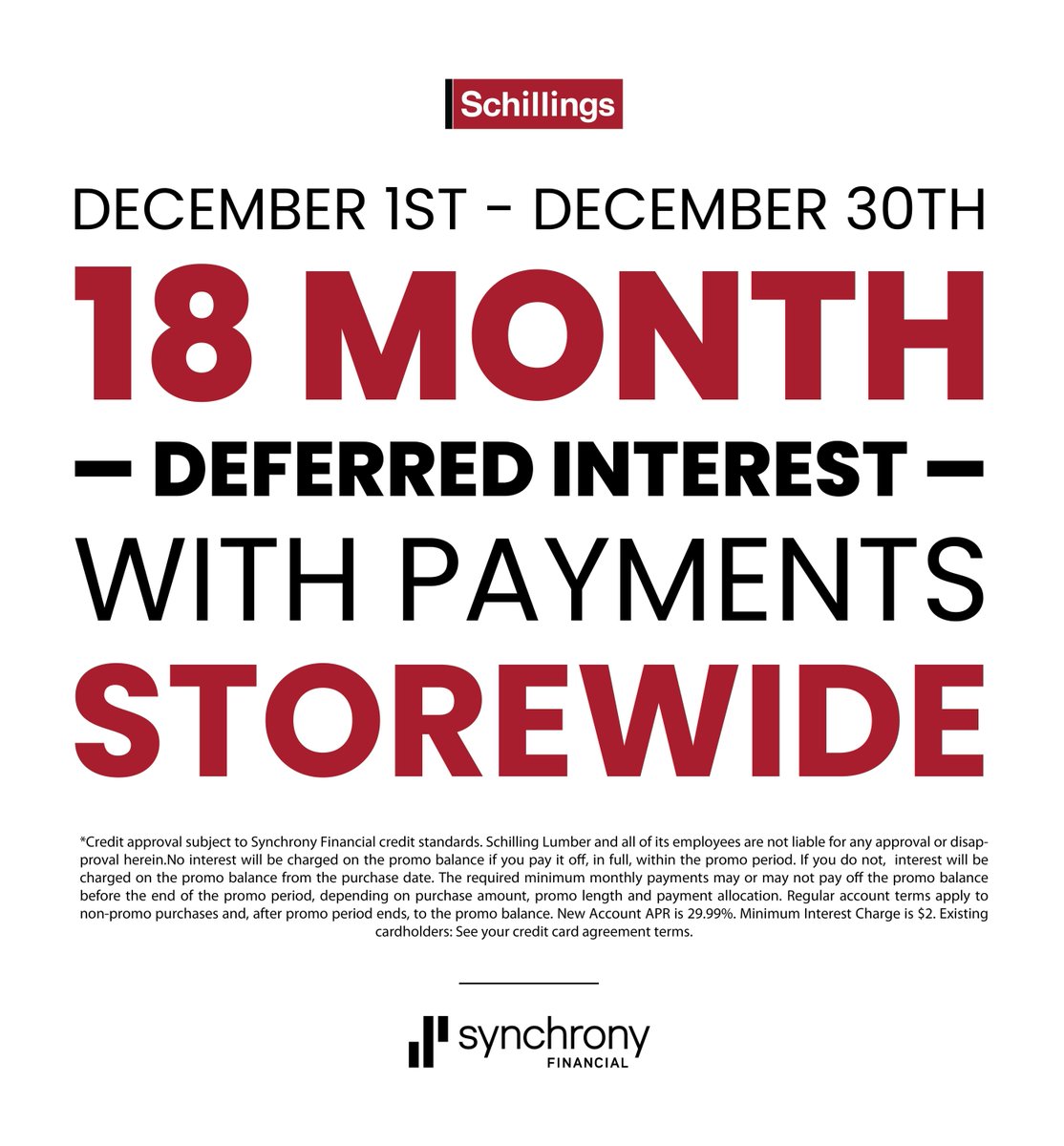 schillingscom's tweet image. Save on that Christmas Present Fund with Deferred Interest! 🎁 Starting TODAY through December 30th, our St. John, Valpo, and Mokena locations are offering an 18 Month Finance Promotion with Deferred Interest with Payments. #SynchronyFinancial #18month #WinterSavings #Schillings