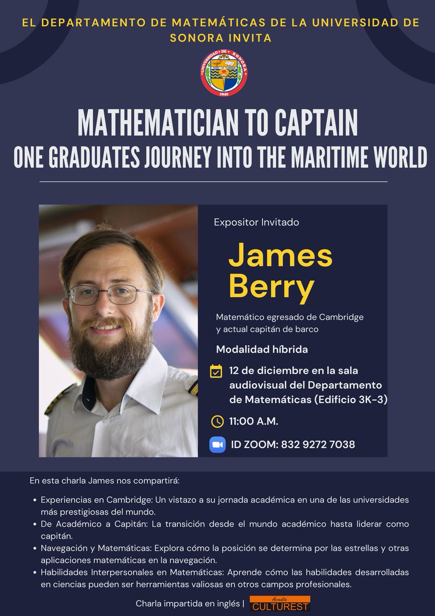 Te invitamos a la charla del matemático y capitán James Berry, "Mathematician to captain: one graduates journey into the maritime world" este 12 de diciembre en la sala audiovisual del Departamento de Matemáticas.