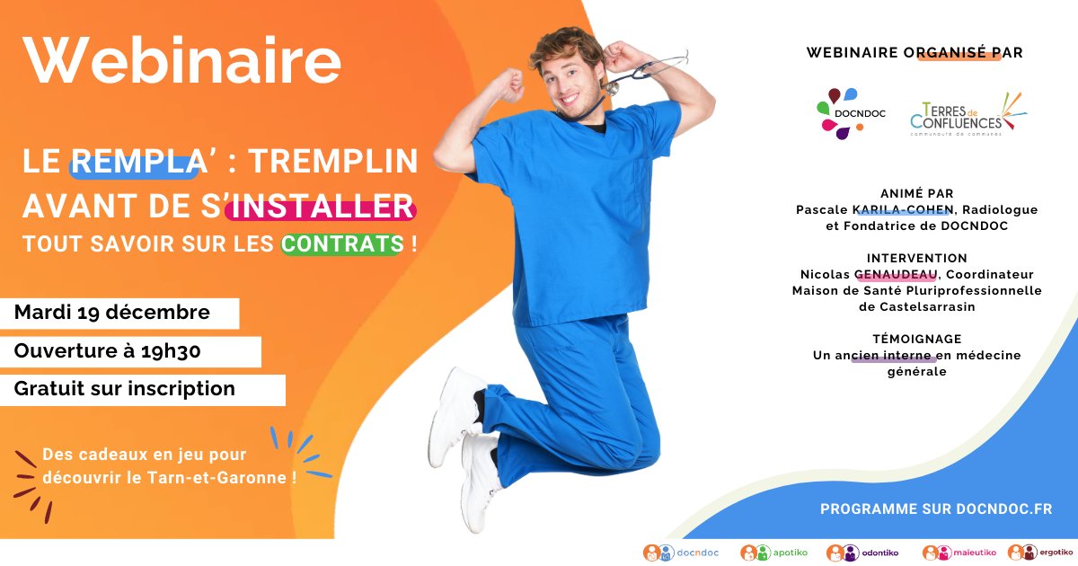 Participez au prochain #webinaire de #docndoc et la Communauté de Communes Terres des Confluences sur la thématique du #remplacement !

Mardi 19 décembre 2023 – Ouverture à 19h30
docndoc.fr/webinaire-tout…