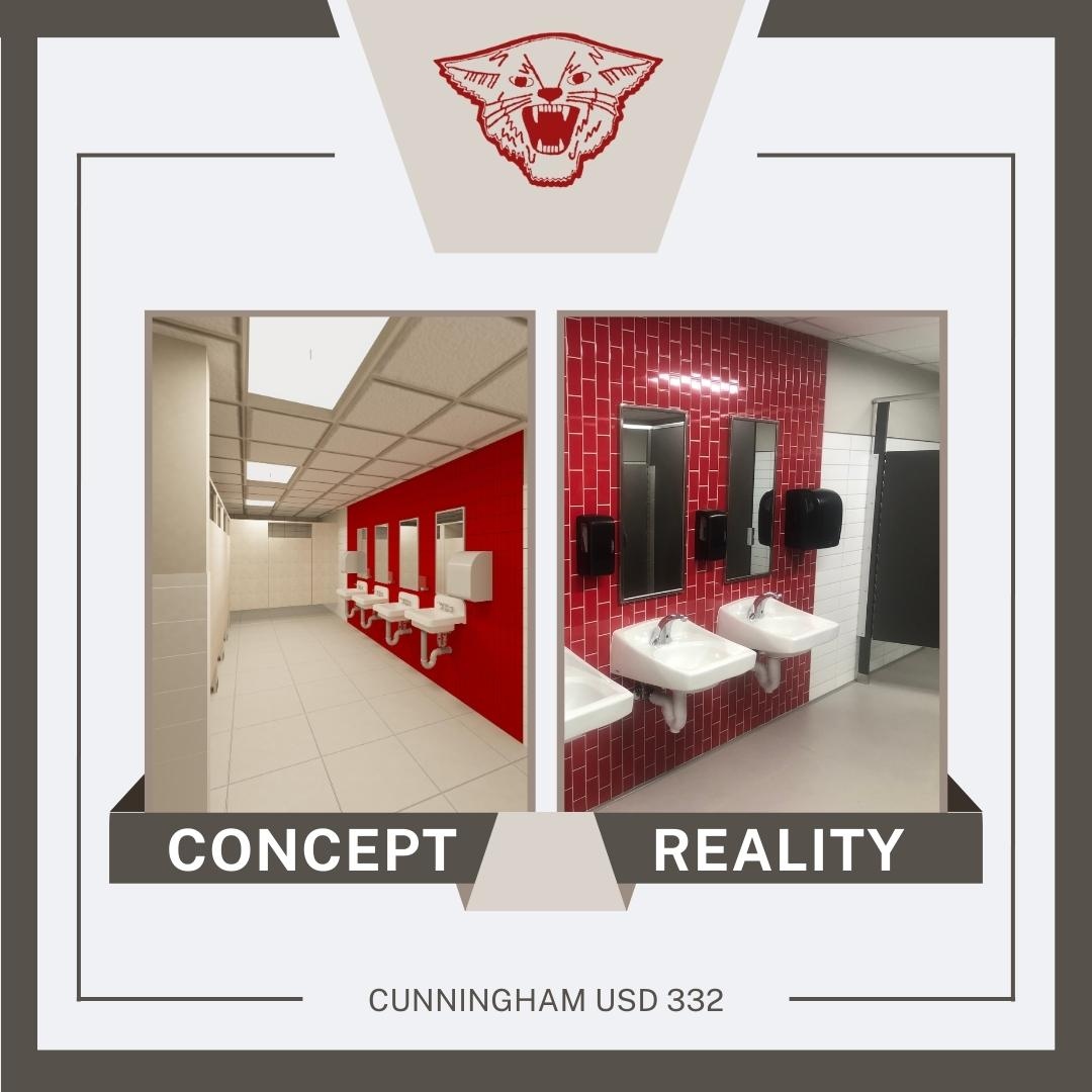 Another Cunningham USD 332 update! Here you are looking at the public restrooms located just off of the new lobby! To the left, you see our concept and to the right is what it looks like today! We love the pops of red throughout the entire building and we know you will too!