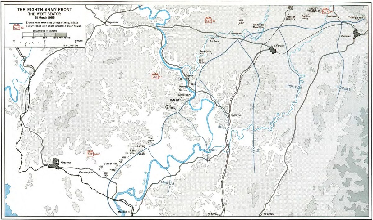 In JAN 1953, Eighth Army commander U.S. Army GEN James Van Fleet had 12 South Korean and 8 U.N. divisions to defend the army front. Total strength of combat, service, and security troops was ~768,000. 

 #KoreanWar #KoreanWarHistory #DMZ #MilitaryHistory  #TRADOC #USArmy