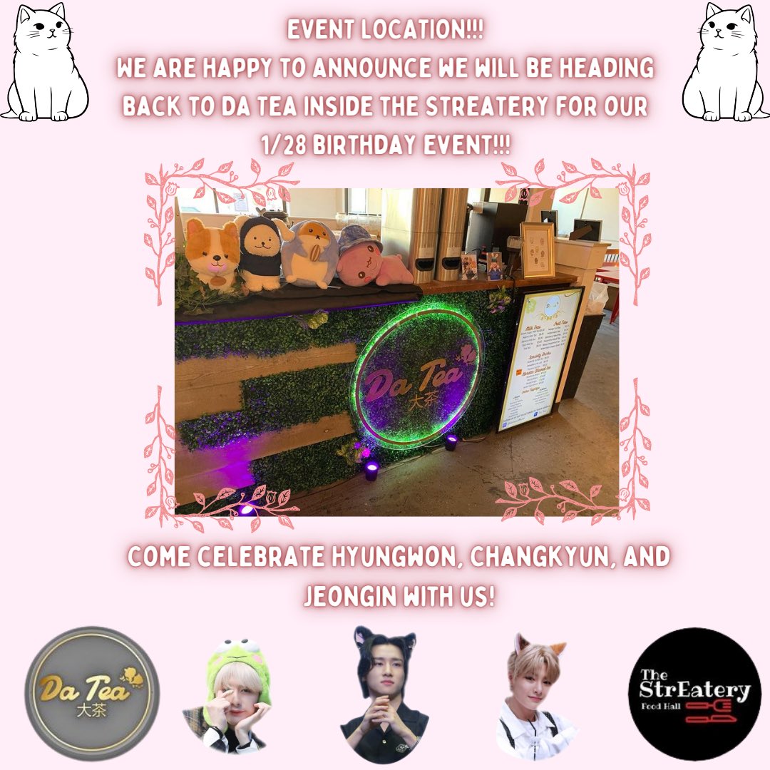 We are so happy to announce that our birthday event on Sunday 1/28 is going to be taking place with our friends at Da Tea inside the StrEatery in Louisville KY!!! 

#monstax #monbebe #straykids #stay #hyungwon #changkyun #jeongin <a href="/OfficialMonstaX/">몬스타엑스_MONSTA X</a> <a href="/Stray_Kids/">Stray Kids</a>