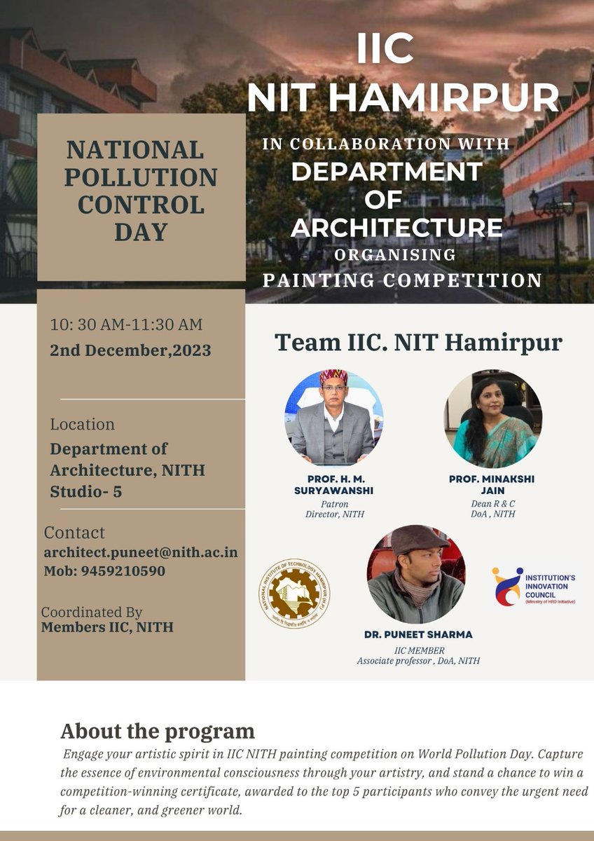 NITHamirpurHP's tweet photo. On National Pollution Control Day, 2nd December 2023, Institution's innovation Council is organizing a painting competition in collaboration with the Department of Architecture NIT Hamirpur. https://t.co/6Rsu5AhMkF