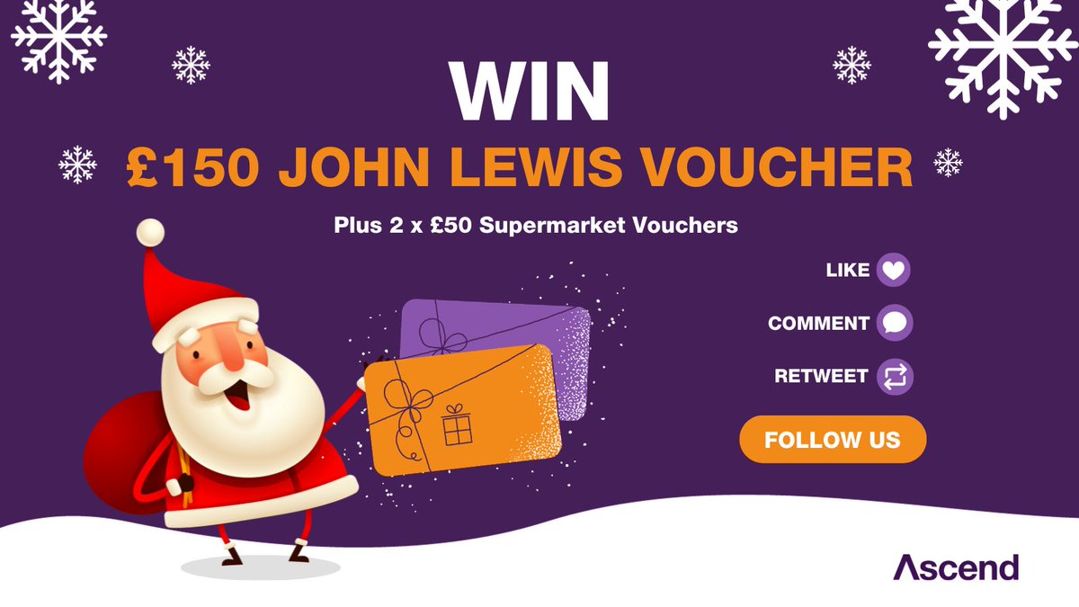 🎄 #AscendChristmasGiveaway🎄

We’ve got 3 prizes: 1 x £150 John Lewis Voucher and 2 x £50 Supermarket Vouchers.

All you have to do is:
🎅Give us a follow
🎄 Like the post
👭Tag a friend (each tag's an entry)
💜retweet (bonus entry)

T&amp;C's on our website 
Comp closes 20.12.23