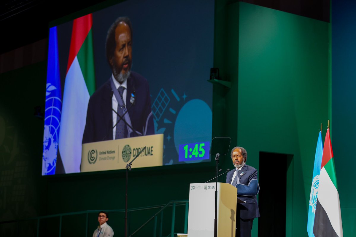 Addressing #COP28 H.E President 
 @hassansmohamud emphasized Somalia's critical climate challenges: Urgent response needed as devastating floods impact 2.4 million. Advocating equitable climate finance, damage funds, and global unity are key to combating this reality.
