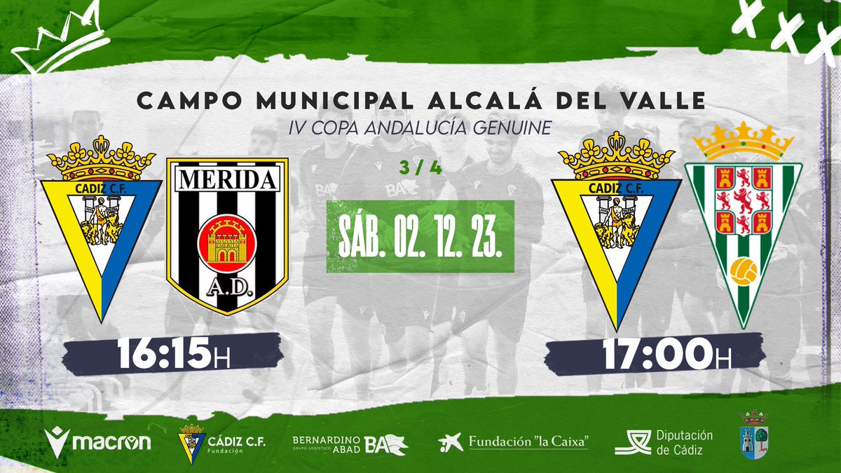 💚 ¡Nuestro #CádizCFGenuine ya conoce a sus rivales en la #CopaAndaluciaGenuine que se disputará mañana en Alcalá del Valle!

🆚 <a href="/meridadisports/">merida_disports</a> 
🆚 <a href="/FundaCordobaCF/">Fundación Córdoba CF</a>
