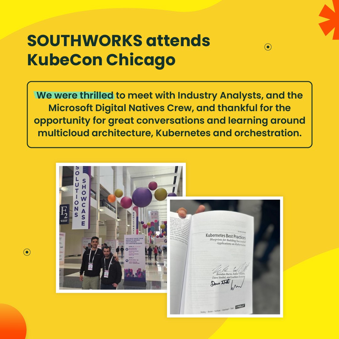 southworks's tweet image. 2/3 🧑‍💻 The #SOUTHWORKS team at #KubeCon in Chicago #kubernetes #orchestration #cloudnativecon #multicloudarchitecture #softwaredevelopment #devlife 👥Leandro Dardick, Franco Ivan Zuccarelli, @johnnyhalife