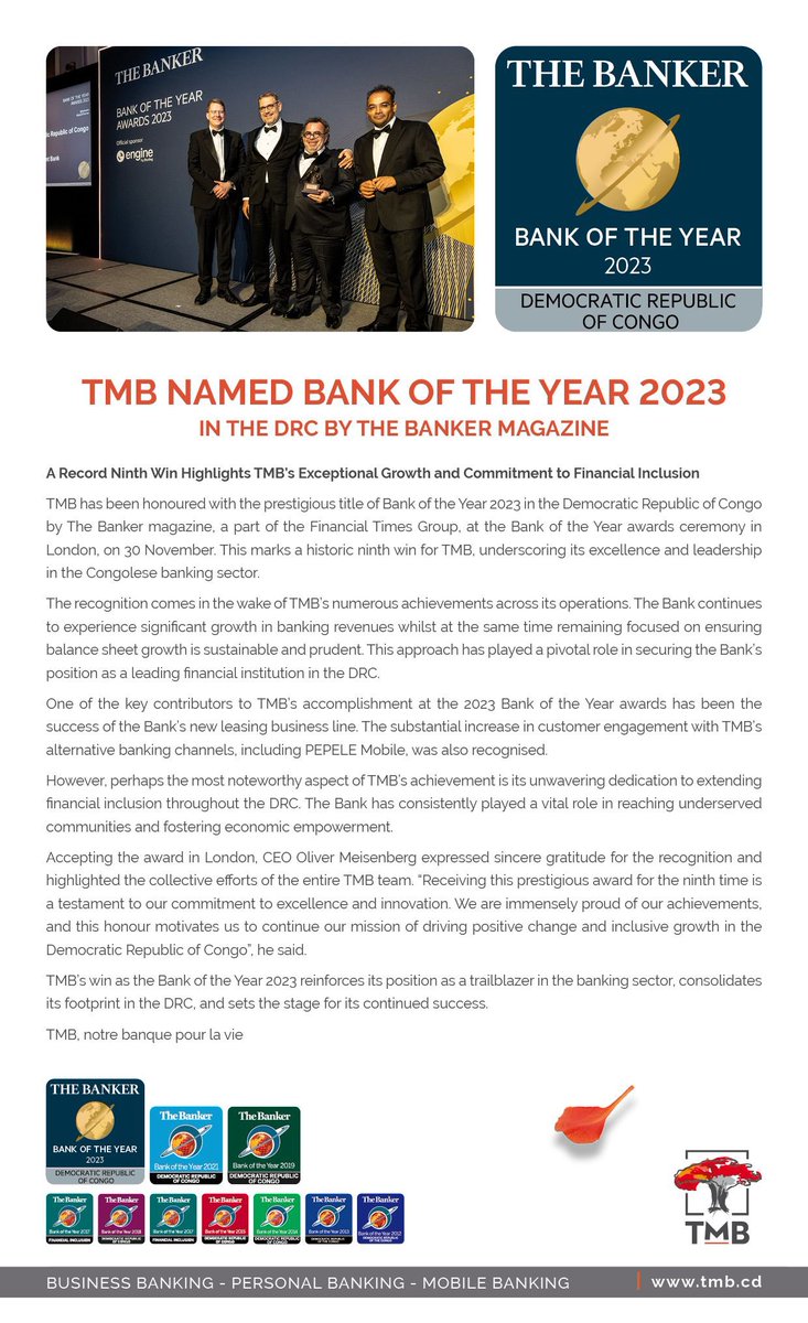 TMB_CD's tweet photo. TMB, Bank of the Year 2023 in the DRC - TMB has been awarded with the #BankoftheYear 2023 by @TheBanker, a part of the Financial Times Group @FT. A record ninth win highlights TMB’s exceptional growth and commitment to financial inclusion #RDC #Congo https://t.co/VOEb3S4NWT