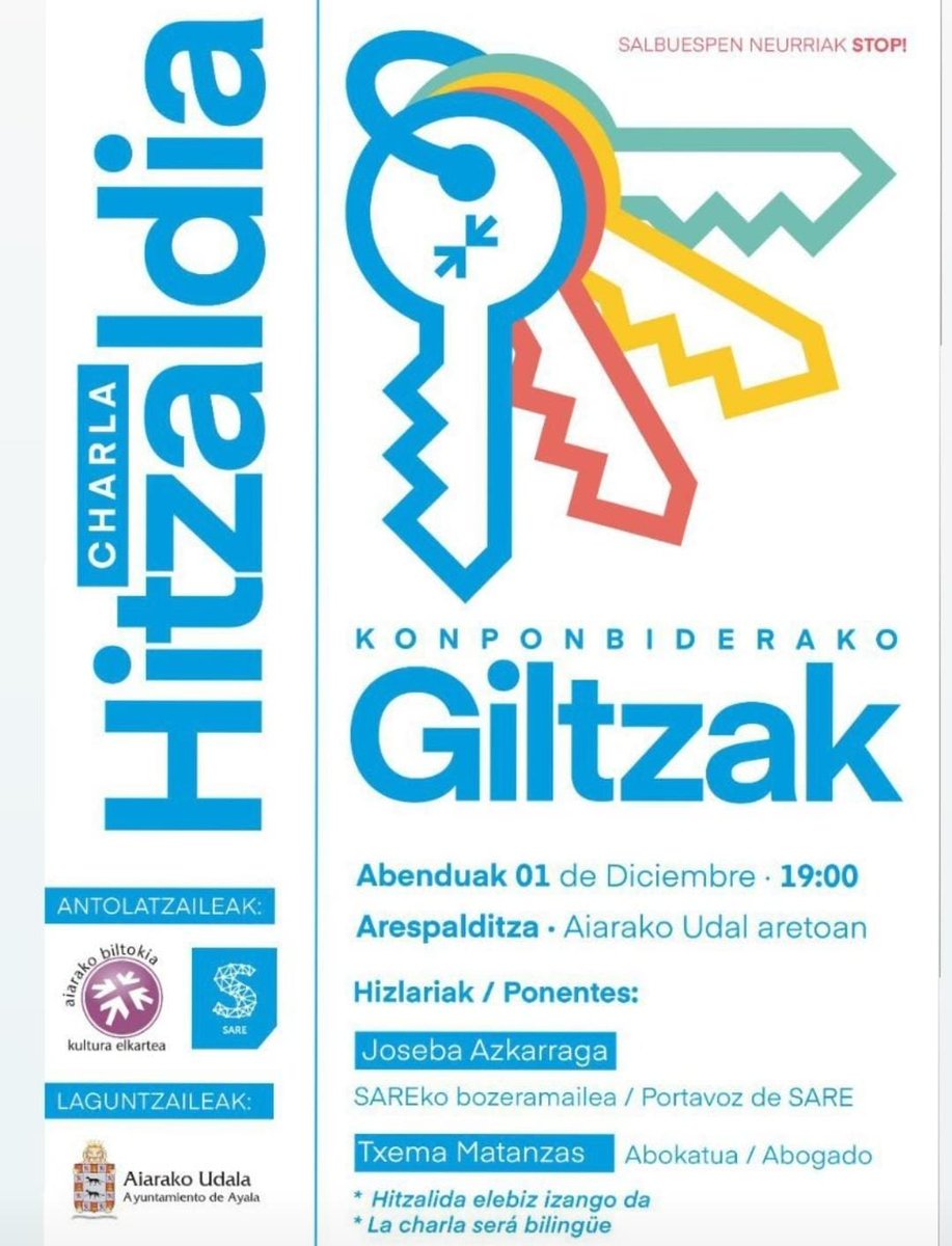 CovitePV's tweet photo. Charla de @sare_herritarra hoy a las 19:00 en el salón municipal del Ayuntamiento de Ayala⬇️

Charla impartida por @josebaazkarraga y Txema Matanzas, condenado por formar parte de ETA.

Indignante que se utilicen las instituciones públicas para exigir impunidad para asesinos. https://t.co/gAXft01scO