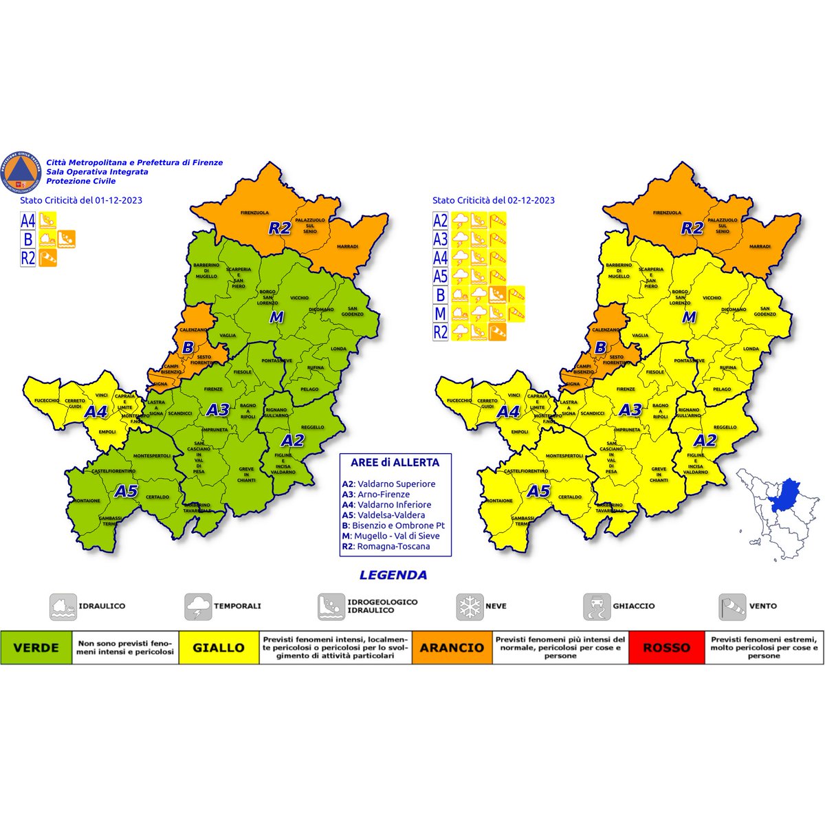 #MetroFirenze #AllertaMeteoTOS COD ARANCIO per rischio idrogeologico nell'area Ombrone-Bisenzio prorogato fino al 2/12. 1-2/12: COD ARANCIO per rischio vento nei territori dell'Alto Mugello. COD GIALLO per temporali forti, vento, idrogeologico su tutto il territorio Metropolitano