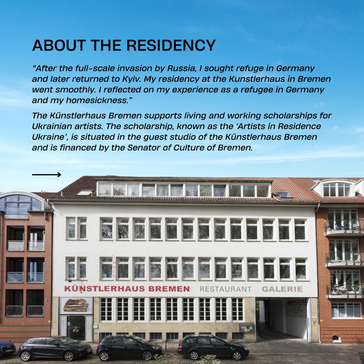 You are warmly invited to the Open Studio of Ukrainian artist and Artists at Risk (AR) resident Yevheniia Kriuk at 19:00 on 1 December 2023 at Künstlerhaus Bremen in Bremen, Germany.

#Ukraine #Bremen #Germany #art #artist #artistresidency #artistsatrisk #SupportUkraine