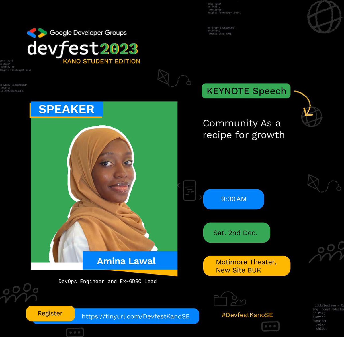 amiynarh's tweet image. I will be speaking at #devfeststudentedition this year! I&apos;ll share all the best tips and tricks from my knowledge vault about “Community as a recipe for growth” at Bayero University Kano.

Will you be there tomorrow? 😅