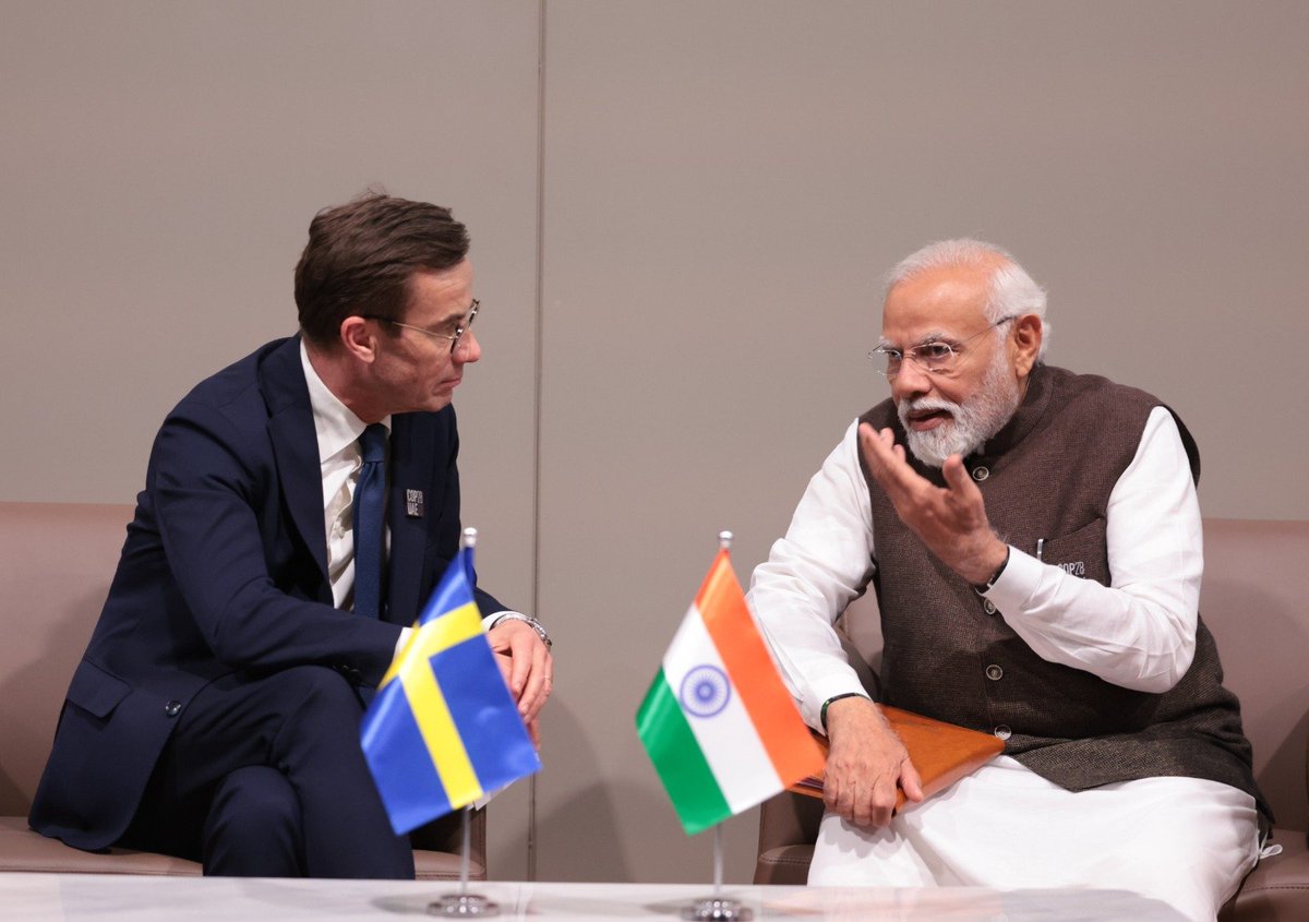 PM <a href="/narendramodi/">Narendra Modi</a> held productive meeting with <a href="/SwedishPM/">Ulf Kristersson</a> Ulf Kristersson, on the sidelines of the <a href="/COP28_UAE/">COP28 UAE</a> Summit. They deliberated on a range of topics related to bilateral relations, such as trade and investment, R&amp;D, defence, and climate cooperation.