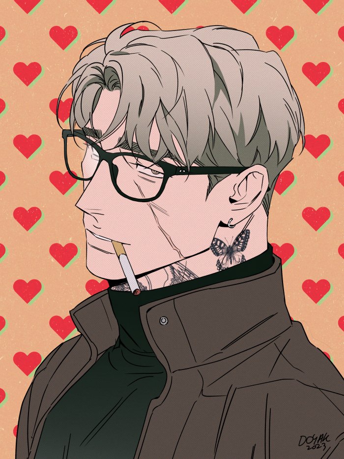 1boy male focus solo glasses cigarette tattoo grey hair  illustration images