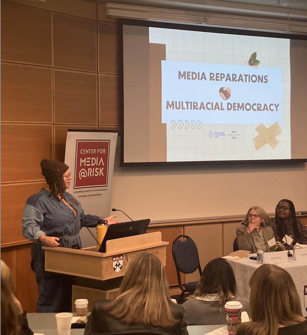 ASCmediarisk's tweet photo. What are #MediaReparations? They are the structural, institutional, and policy-level changes needed for a #MultiracialDemocacy where everyone thrives. @aliciacbell outlines the #reparations process: 1. reckoning, 2. acknowledgment, 3. accountability, 4. redress @ascmediarisk https://t.co/ZlRv7rCJF7