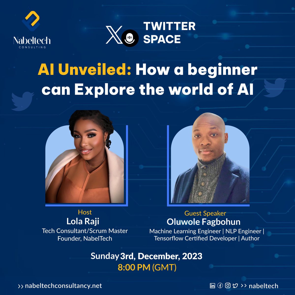NabelTech's tweet photo. Set a reminder for our upcoming Space with @wolefizzy on the 26th November.
Topic: How a beginner can explore the world of AI.
Host: @LolaRajii
Come and learn how to use the emerging AI world to your advantage.
Don’t miss it. Link to the space below.
#nabeltech #space https://t.co/GyEVMA4RHz