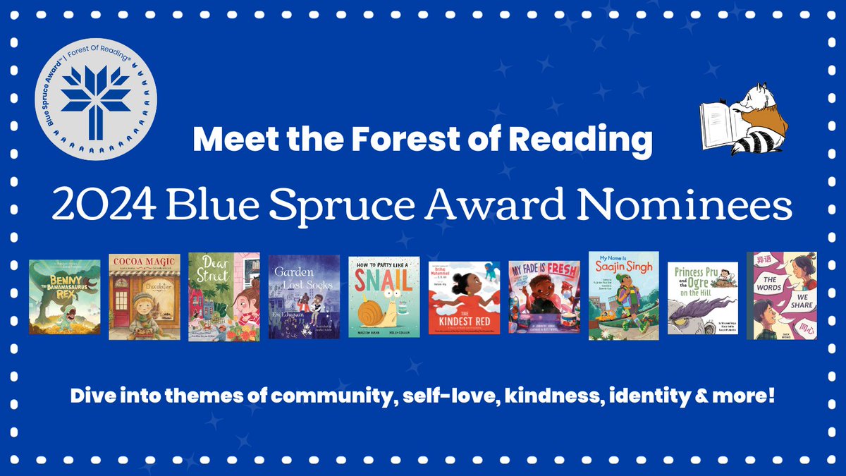 ForestofReading's tweet image. With themes of community, self-love, kindness, identity and more, the Blue Spruce 2024 Nominees are a wonderful introduction for the youngest readers to the world of books. Reading for enjoyment? That’s what readers of these books are up to! bit.ly/BlueSpruceNomi…
