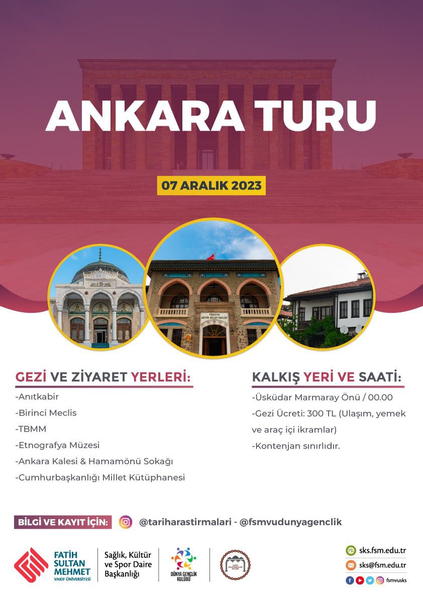 tarihakulubu's tweet photo. Herkese merhaba 👋🏻

Tarih Araştırmaları Kulübü olarak 07 Aralık Perşembe günü "Ankara Gezisi" etkinliğimizi gerçekleştireceğiz.

Kontenjanımız sınırlıdır. Gezi ücretimiz 300₺ dir (ücrete: ulaşım ikramlar ve yemek dahildir.

Başvuru linkimiz WhatsApp Grubumuzda paylaşılacaktır. https://t.co/zQpKDxGEEk