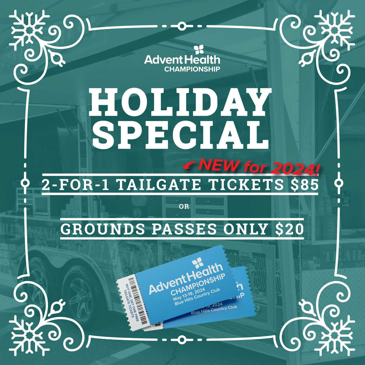 Check out the all-new Tailgate Experience at the AdventHealth Championship with a special holiday ticket offer:  

2-for-1 Tailgate Experience tickets $85
(includes all-inclusive food &amp; drink)

OR 

Weekly Grounds Pass $20
(includes GA grounds access each day, Thurs-Sun)