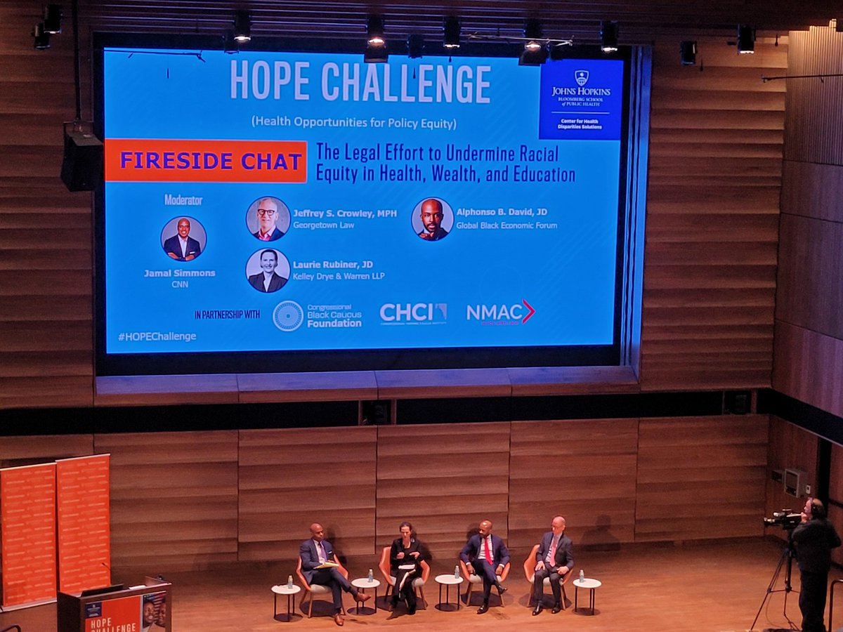 A great Fireside Chat at the #HOPEChallenge at @JHUBloombergCtr hosted by @HopkinsCHDS @BSPH_HPM. This one moderated by @JamalSimmons from @CNN focuses on the importance of the law in undermining racial equity in health, wealth, and education.