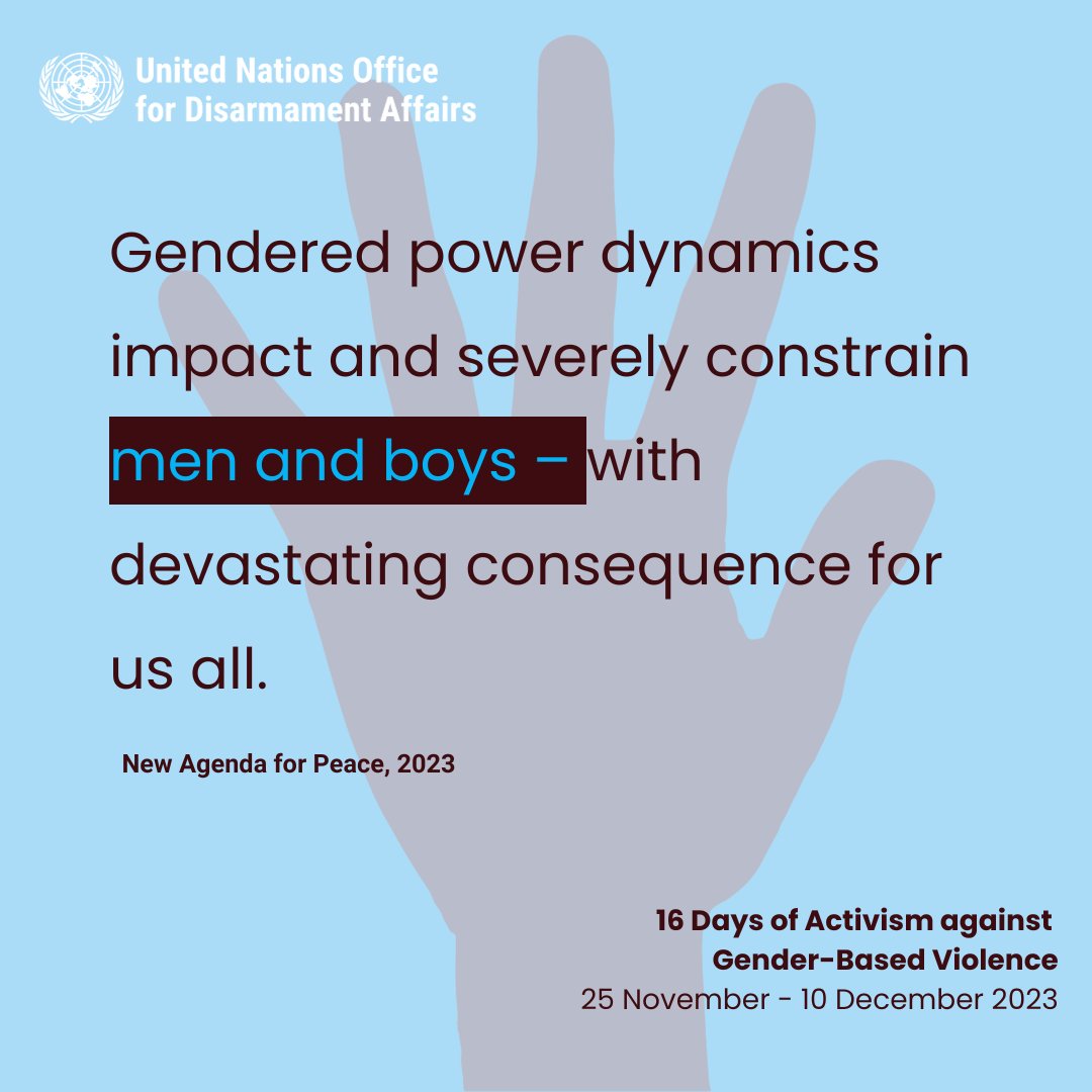 UN_Disarmament's tweet photo. Men are more often perpetrators and victims of armed violence. Are weapons linked to masculinity norms?

In his New Agenda For Peace, @antonioguterres urges  concrete action to transform gender norms and dismantle the patriarchy.

#16Days https://t.co/sXKXpCCSMS