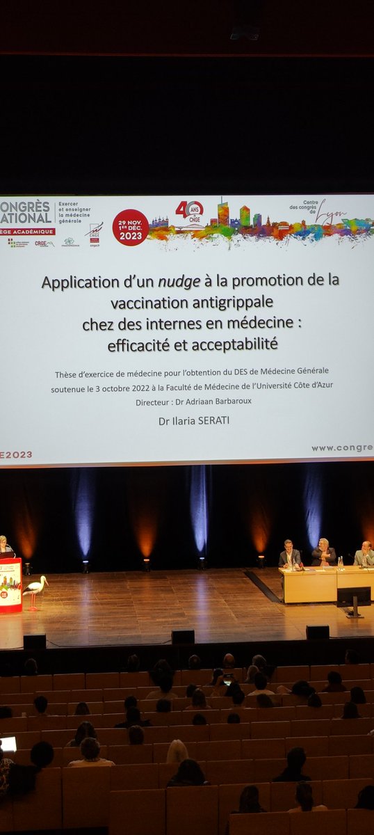 Annonce du prix de thèse du @congrescnge #CNGE2023 , décerné par le jury national.
La Docteure Ilaria Serati
"Application d'un nudge à la promotion de la vaccination antigrippale chez des internes en médecine : efficacité et acceptabilité"