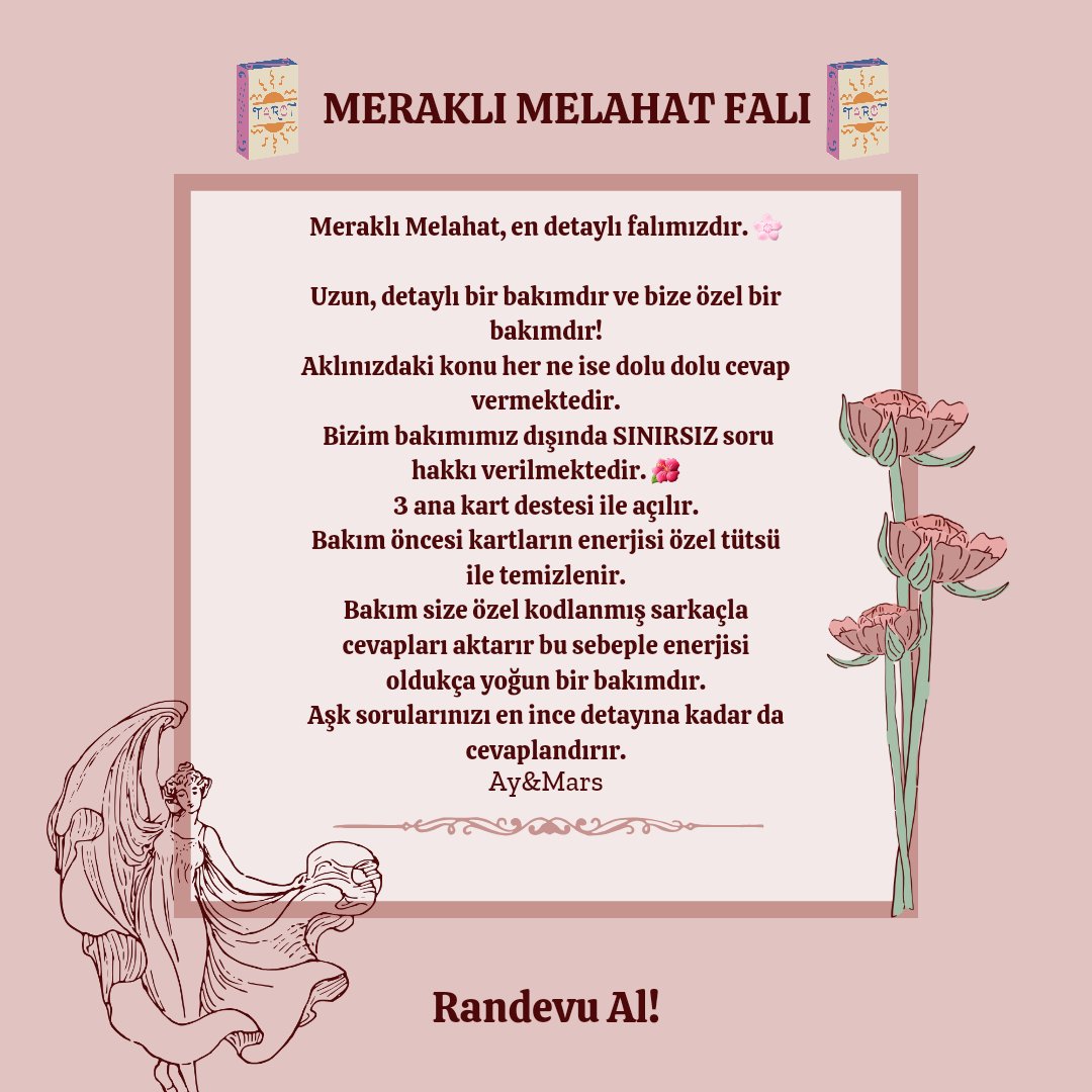 Meraklı Melahat Falımız sizi özel kılmak için bize özeldir. Randevu için hemen mesaj gönderebilirsiniz. 🌺
#tarot #falci
