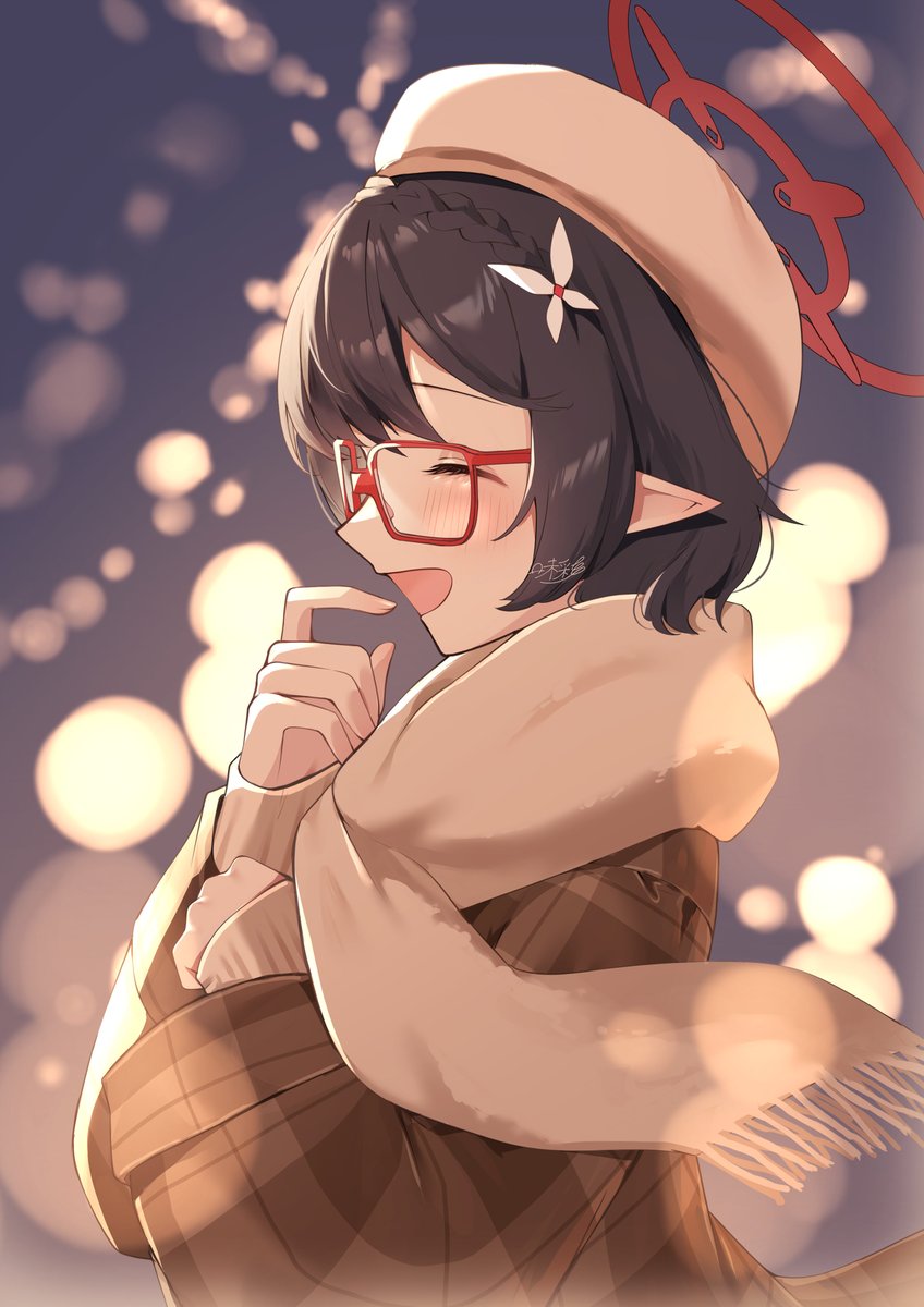1girl pointy ears glasses solo hat black hair halo  illustration images