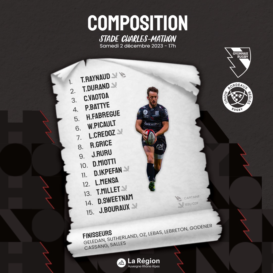 📜 𝗧𝗘𝗔𝗠 𝗢𝗬𝗢 I avec la Région <a href="/auvergnerhalpes/">Auvergne-Rhône-Alpes</a>

🏆 <a href="/top14rugby/">TOP 14 Rugby</a> J.9
🆚 <a href="/UBBrugby/">Union Bordeaux Bègles</a>
🏟️ Charles-Mathon
🗓️ Samedi 2 Décembre
⏱️ 17h

#TOP14 #OYOUBB #TOUSOYOMEN