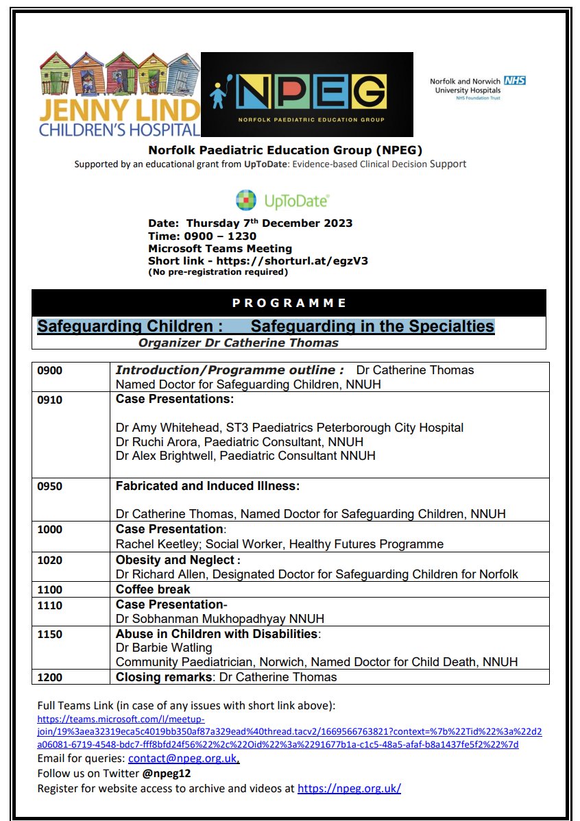 As is customary, theme  of December NPEG is "Safeguarding children". Thu 1 Feb 24,  0900. Teams link shorturl.at/egzV3