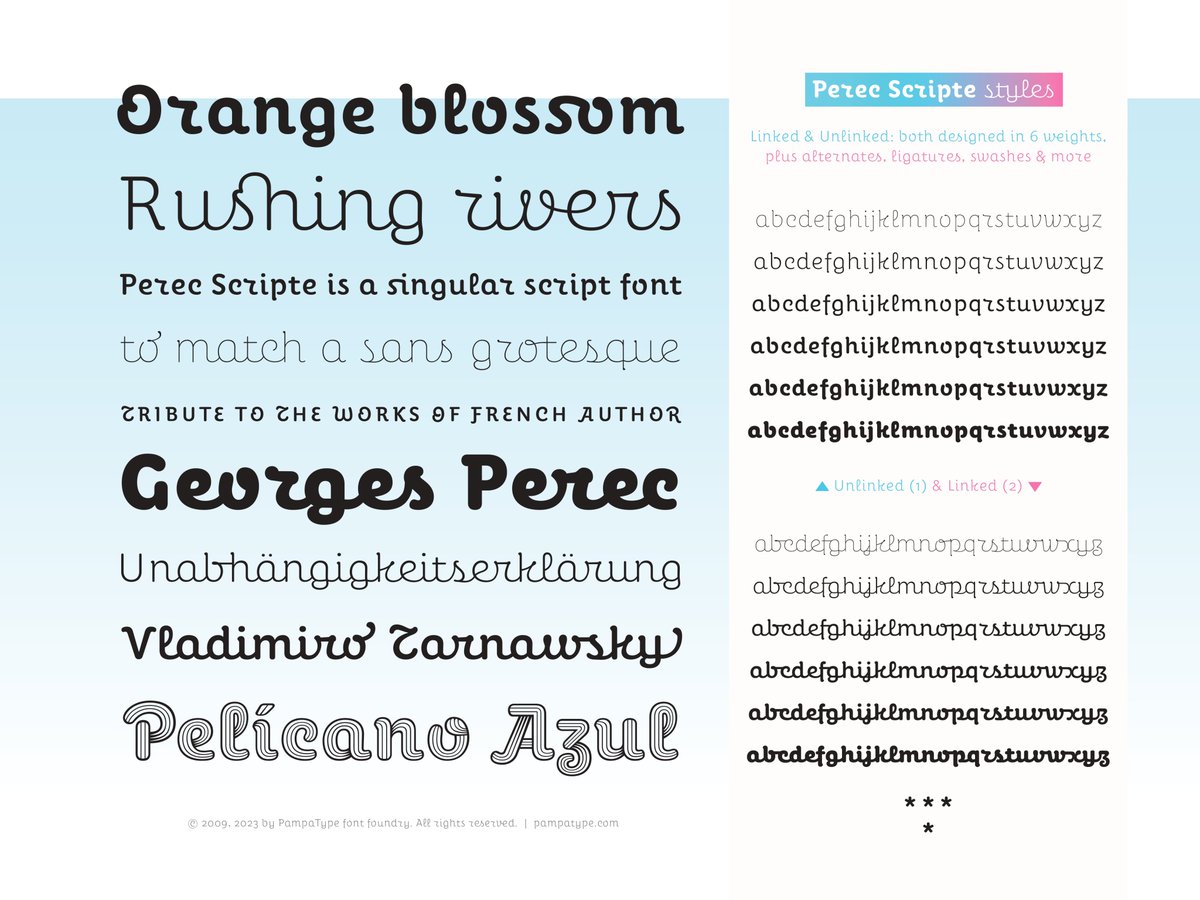 pampatype's tweet photo. #PerecScripte is a vertical script font with a delicate persuasive tone. It comes in two styles: Unlinked (1) and Linked (2), both declined in six weights with ligatures, alternates, swashes and more. 🤓
👉Give it a try at https://t.co/Vdmo5R276j https://t.co/1MAHgR40b8